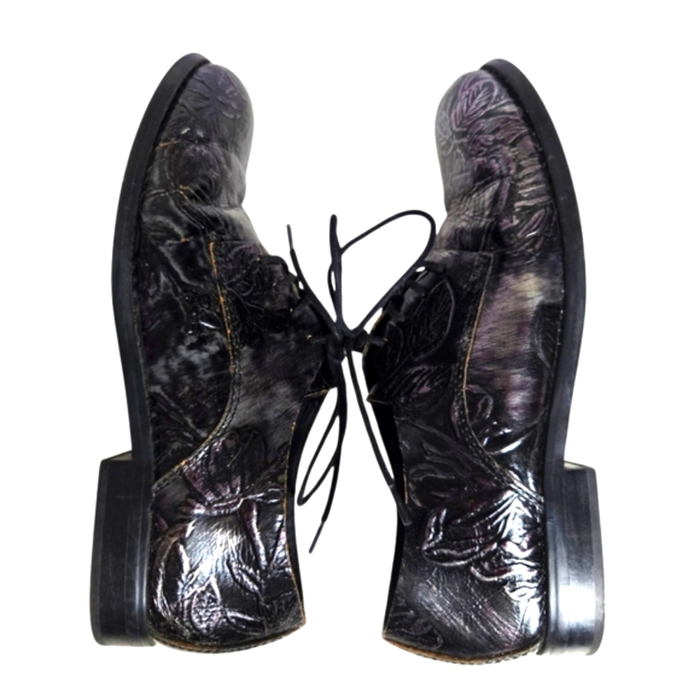 Patricia Nash Black Silver Leather Floral Embossed Lace-Up Oxford Loafers 6.5M - Picture 9 of 15